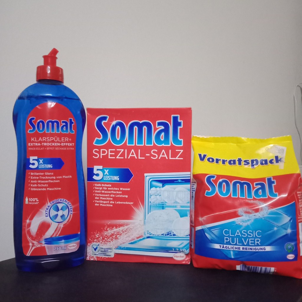 Bộ 3 SP bột rửa bát somat 1,2 kg nuớc làm bóng Somat 750ml và hộp muối somat 1.2 kg chuyên dùng cho máy