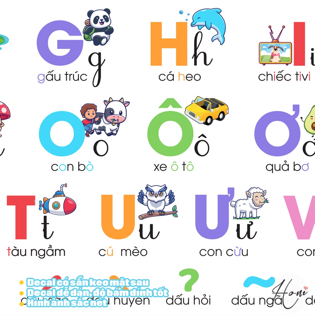 Decal Bảng chữ cái Tiếng Việt dán tường cho bé - 29 chữ cái tiếng việt