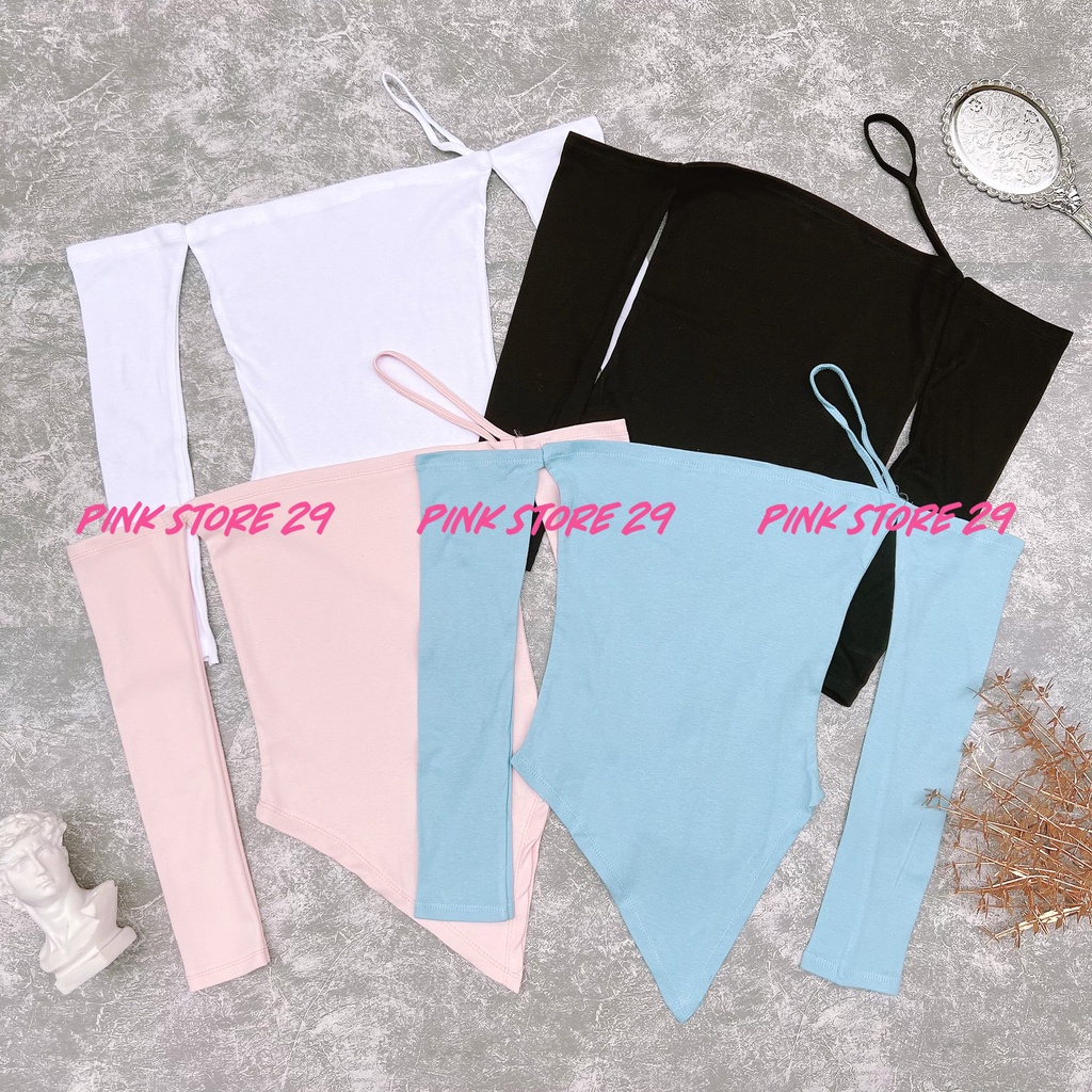 Áo Croptop Vạt Chéo Tam Giác Trễ Vai Tay Dài Dây Chéo Cổ A5261