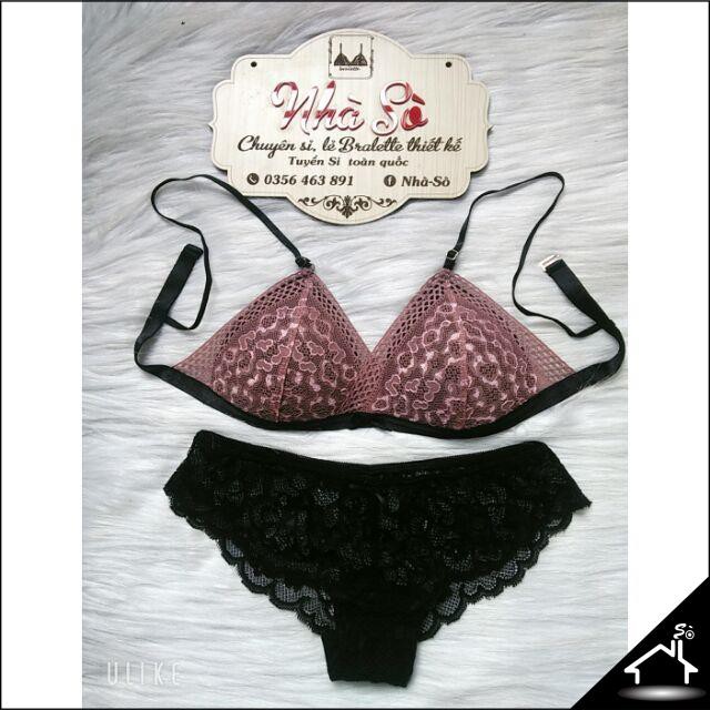 Bộ đồ lót sexy by Nhà Sò ren hồng ruốc quần tam giá NS056