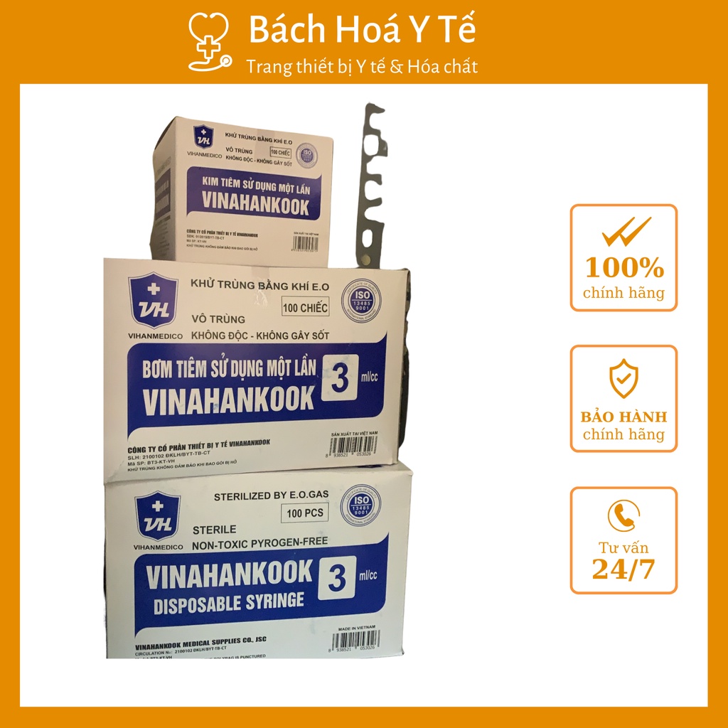 Bơm tiêm dùng 1 lần 3ml, Vinahancook, Vô trùng - Không độc - không gây sốt