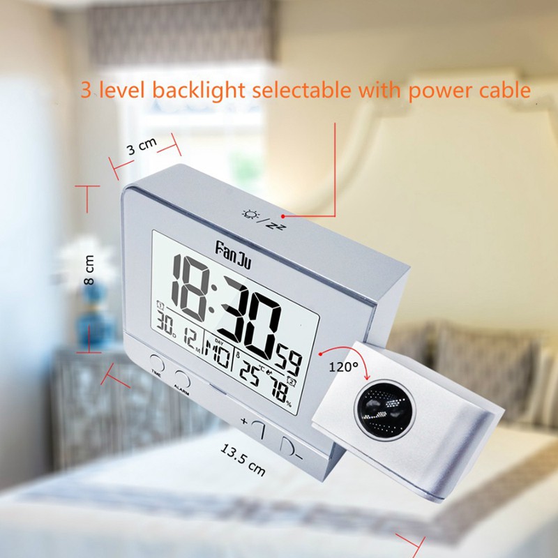 FanJu Alarm Clock Date Snooze Function Backlight Projector-Black#HAVN