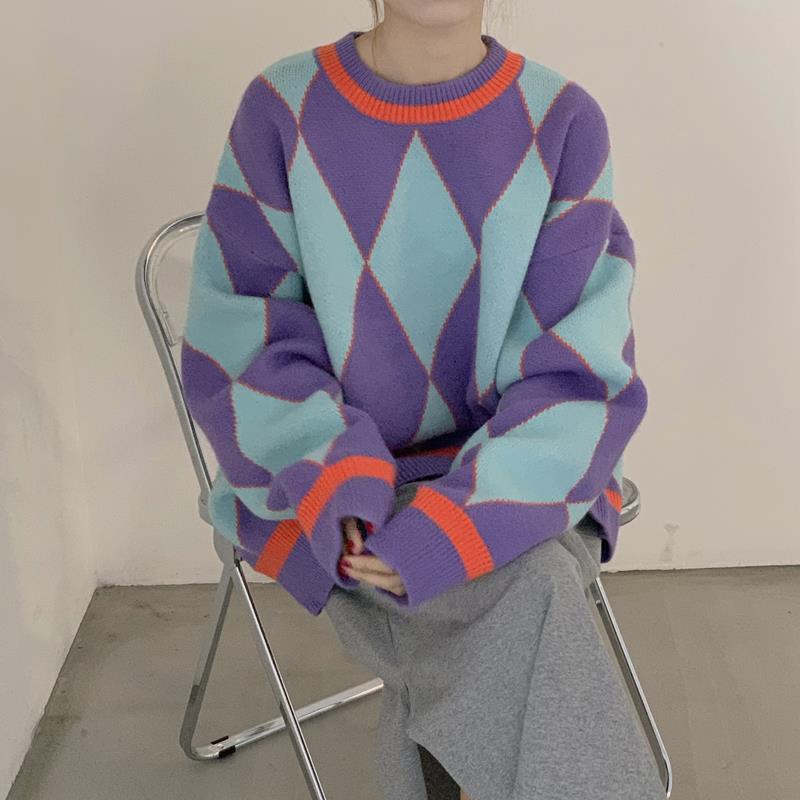 Áo Sweater Dệt Kim Dáng Rộng Màu Sắc Tương Phản Phong Cách Retro Hàn Quốc Cho Nữ