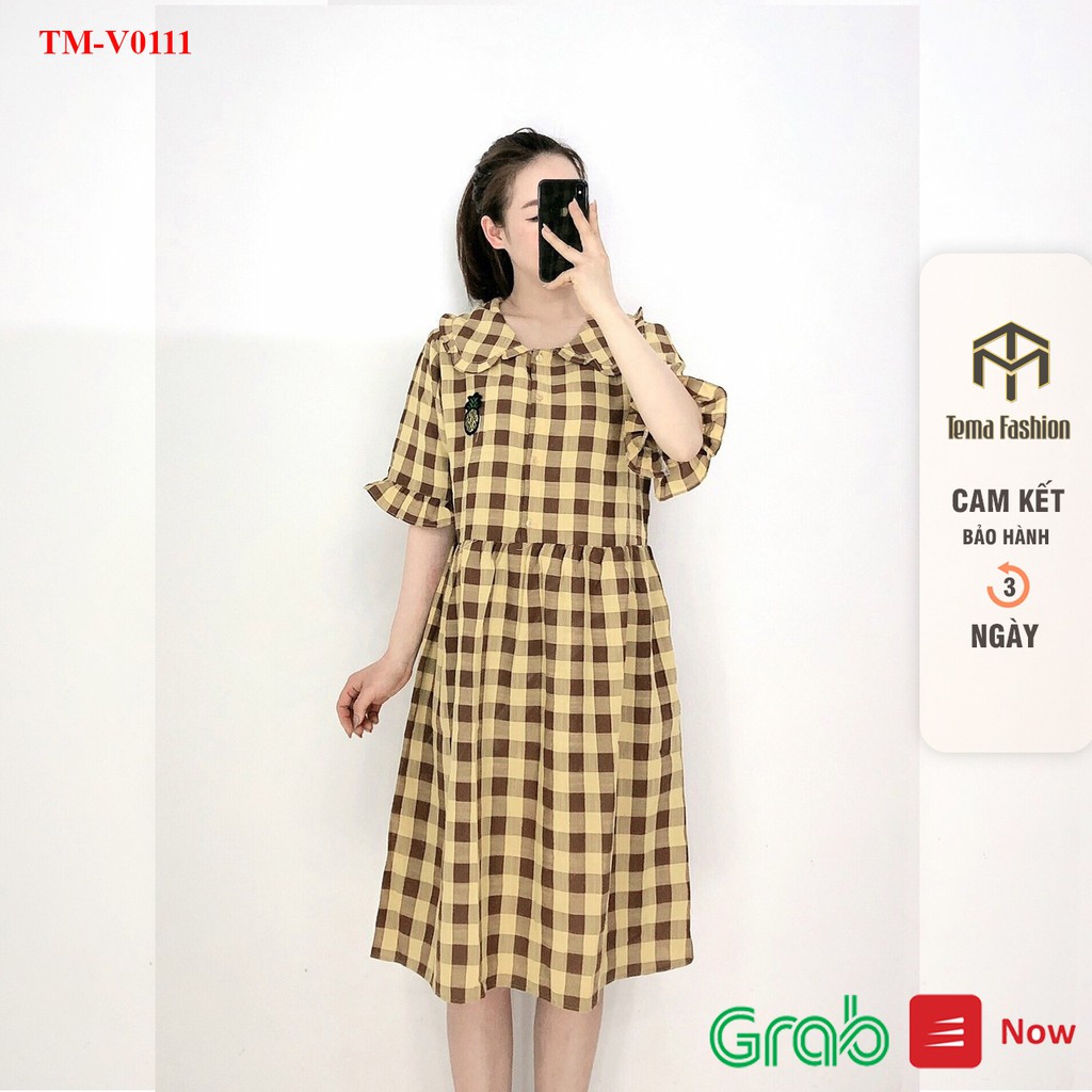 Đầm bigsize MIA - Váy bầu chất cotton mát kẻ caro dáng dài cổ sen siêu xinh