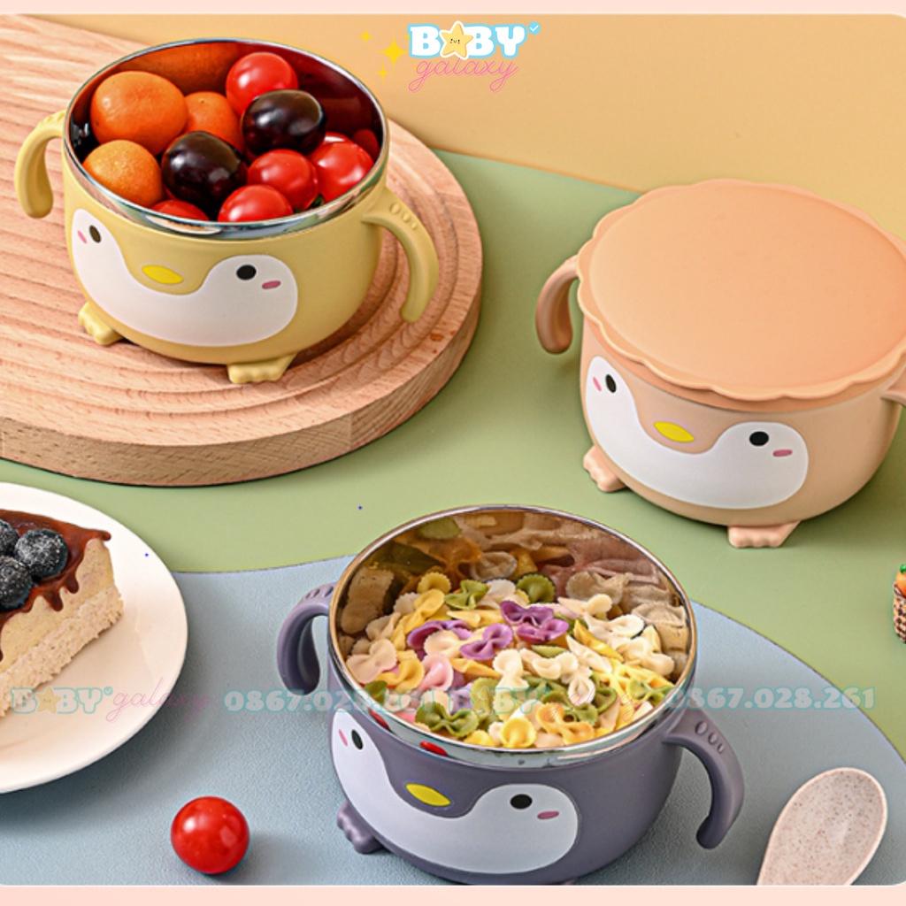 Chén Bát Ăn Dặm Inox Giữ Nhiệt Hình Chim Cánh Cụt Cho Bé, Có Nắp, An Toàn - Baby Galaxy Official