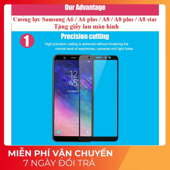 Cường lực Samsung A6 , A6 plus , A8 , A8 plus , A8star full màn hình độ cứng 9H - Tặng giấy lau màn hình