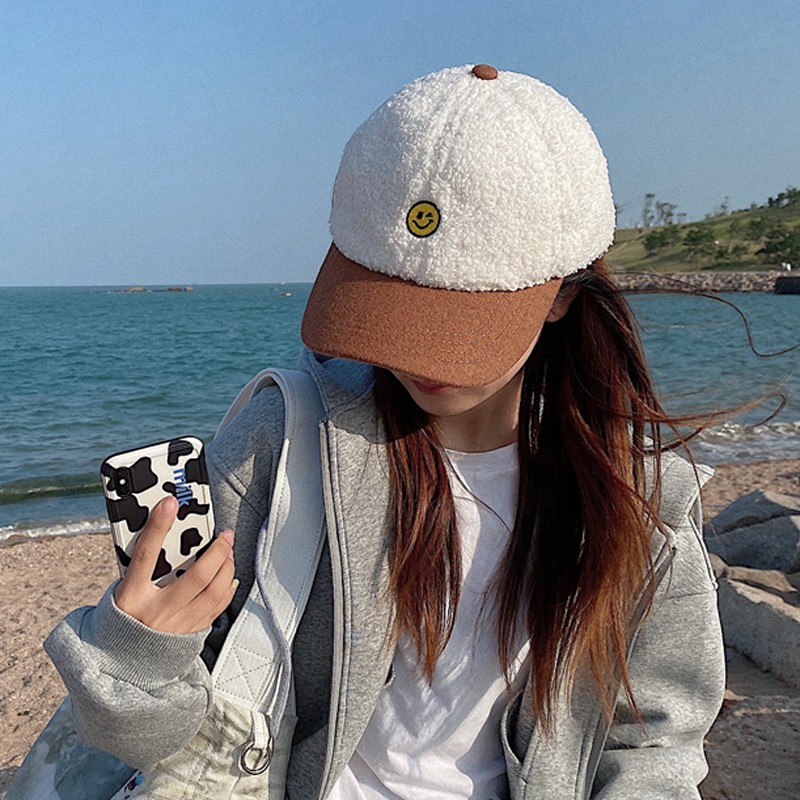 Mũ Lưỡi Trai Len Lông Cừu Dày Dặn Thêu Hình Mặt Cười Phong Cách Hàn Quốc Thời Trang Thu Đông Cho Nữ