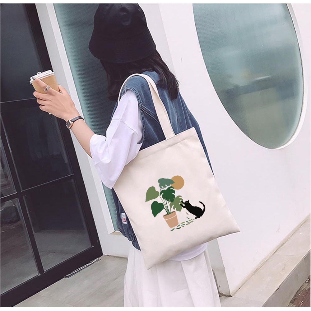 Túi tote vải mộc GINKO dây kéo in hình cat with montera leaf M11