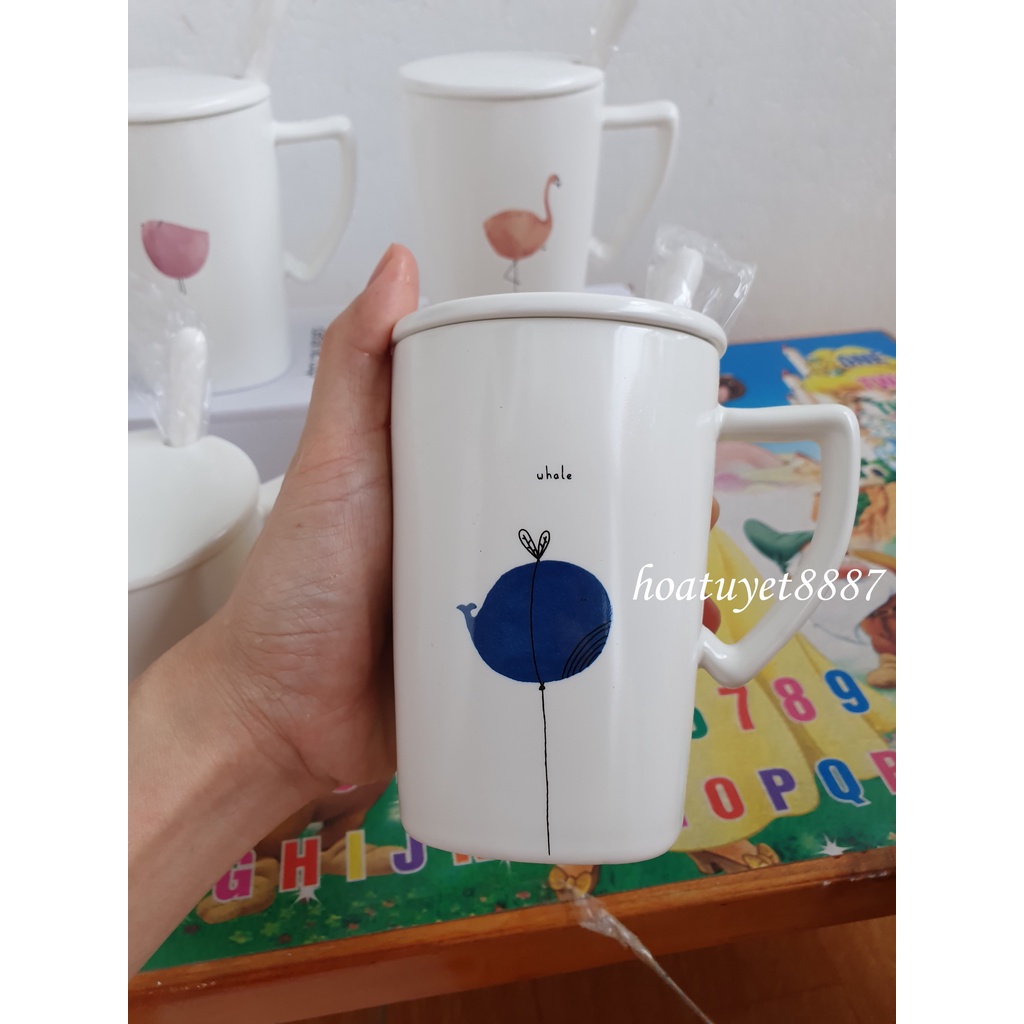 Ly cốc sứ cao cấp có nắp và thìa Zakka kiểu Bắc Âu dung tích 360ml