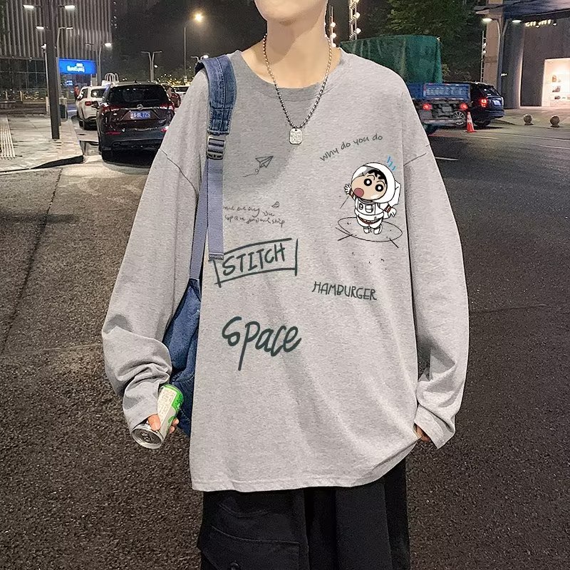 Áo Thun Tay Dài Cổ Tròn Dáng Rộng In Họa Tiết Hoạt Hình Phong Cách Hip Hop Hàn Quốc Thời Trang Cho Nam Size M-5XL