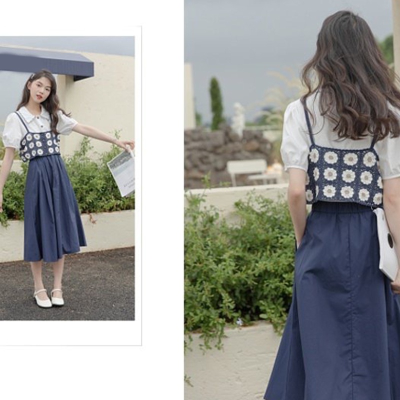 Brroa Áo Sweater Croptop Hai Dây Cài Nút Họa Tiết Hoa Cúc Khoét Rỗng Kiểu Hàn Quốc Thời Trang Mùa Hè Cho Bạn Gái