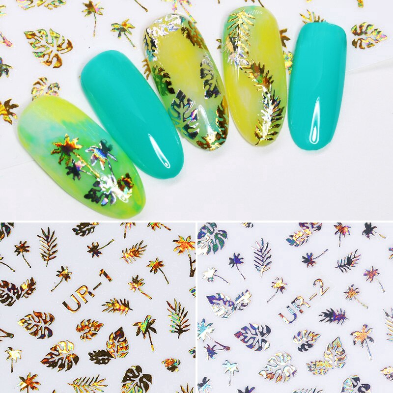 1 Sheet Gold Silver 3D Nail Sticker Leaf Coconut Tree Holographic Shiny DIY Nail Art Adhesive Transfer Sticker Decors