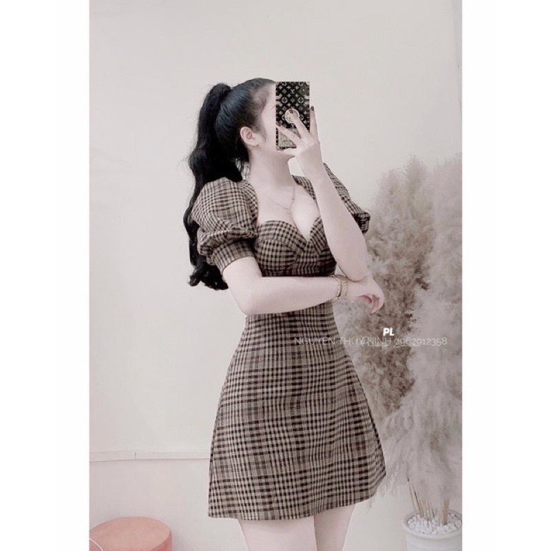 ĐẦM DỰ TIỆC SỌC CARO LỤA CÓ MÚT NGỰC DUTIEC12