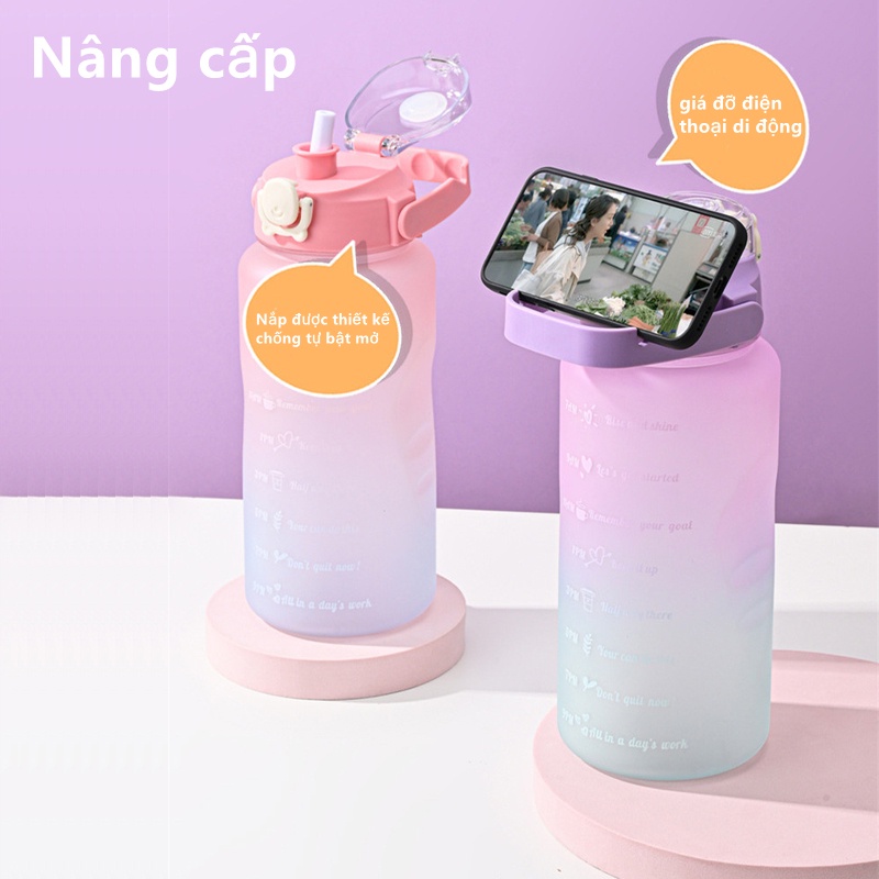 Bình Nước 2 Lít Chia Vạch Báo Giờ Dễ Thương, Bình Nước Thể Thao Có Ống Hút