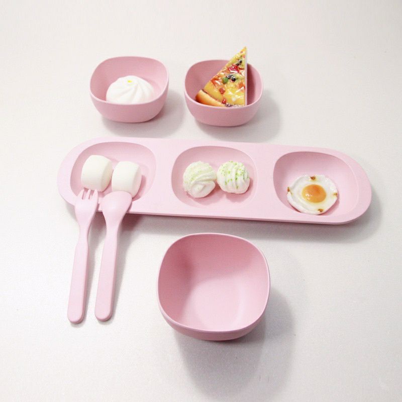 Set khay bát thìa dĩa sợi tre 6 món cho bé ăn dặm, siêu xinh và tiện lợi