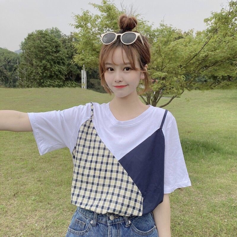 Áo Thun Giả Hai Mảnh Tay Ngắn Dáng Rộng Thời Trang Xuân Hè Năm 2021 Cho Bạn Gái