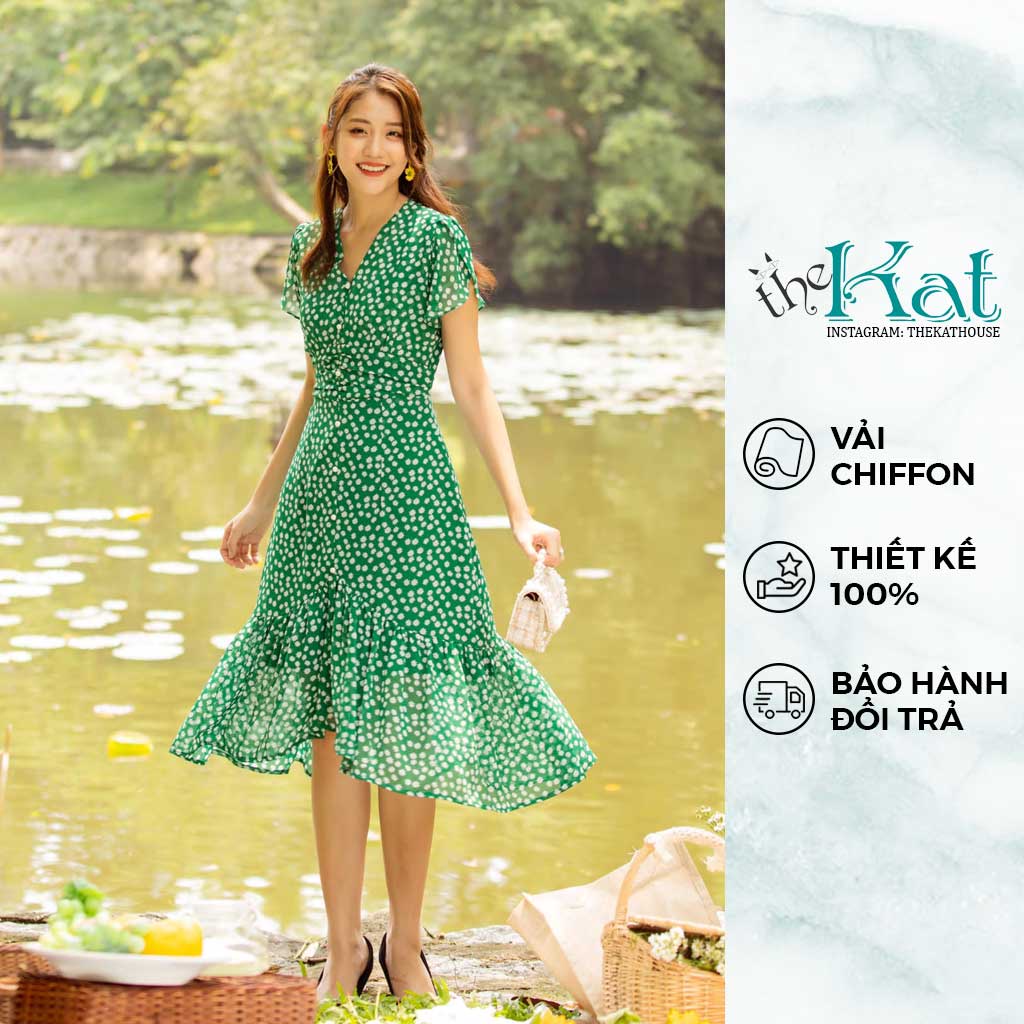 Đầm Hoa Nhí Cổ V Xếp Eo Đuôi Cá The Kat House, nhẹ nhàng, nữ tính mặc đi chơi rất xinh