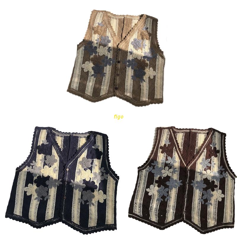 Áo Khoác Cardigan Dệt Kim Sát Nách Cổ Chữ V Thêu Hoa Kẻ Sọc Màu Sắc Tương Phản Thời Trang Mùa Xuân Cho Nữ