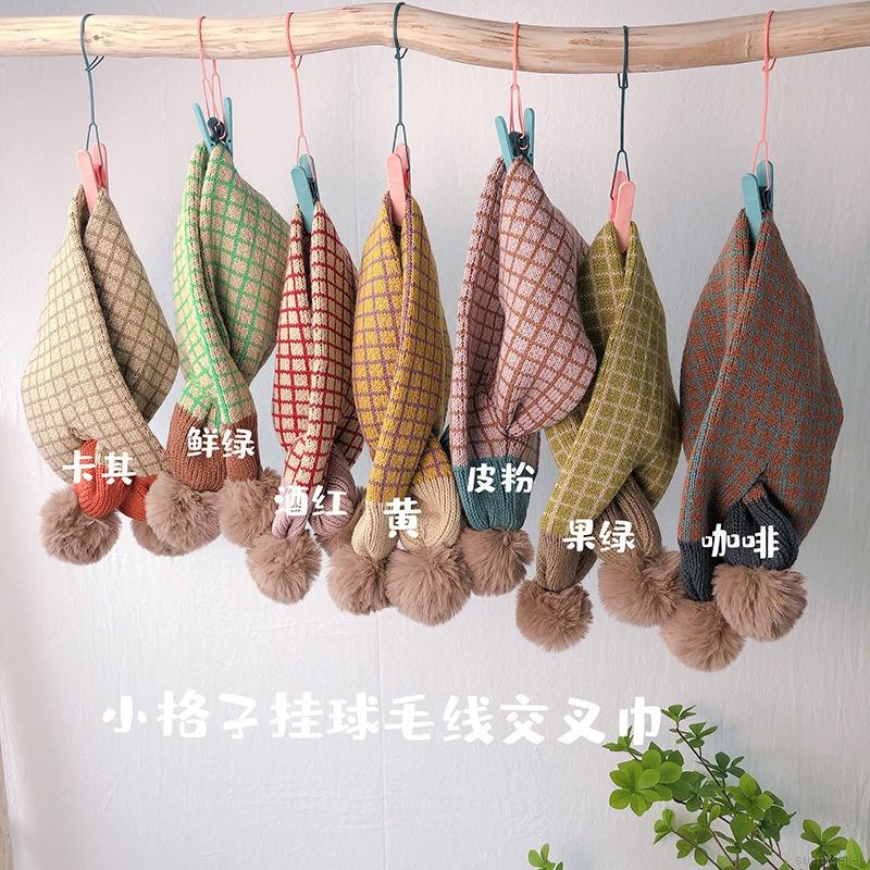 Khăn choàng cổ giữ ấm mềm mại họa tiết kẻ sọc đính bóng lông thời trang cho bé gái