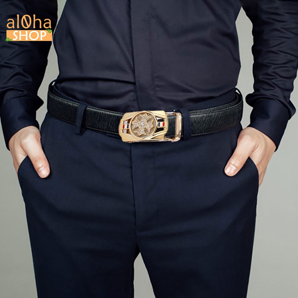 Thắt lưng da nam cao cấp mặt chữ nhật đính đá xoay 360, khoá tự động - al0ha Shop