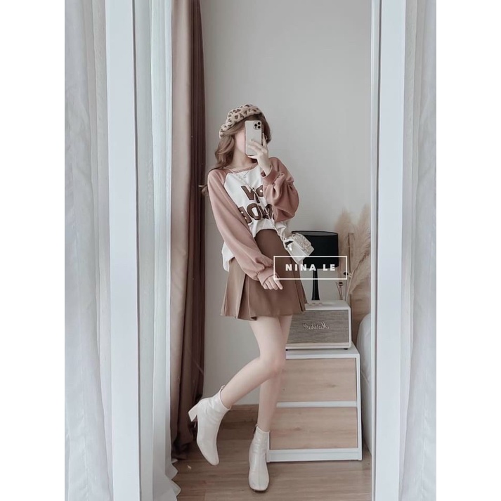 Set áo thun tay dài mix với chân váy tone màu siêu xinh thời trang nữ thích hợp với các nàng teen đi dự tiệc, đi chơi