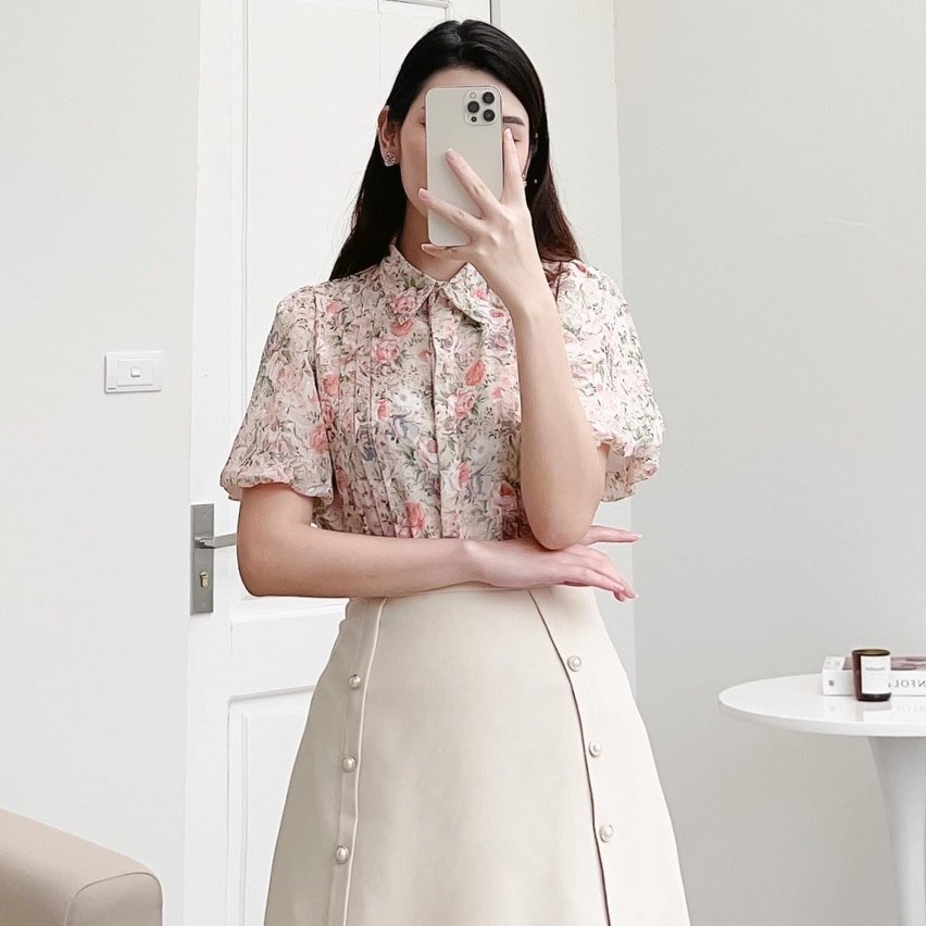 Áo sơ mi hoa tay ngắn bồng cổ đức xếp ly thân trước 152