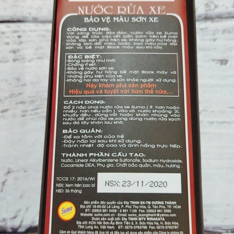 Nước rửa xe siêu sáng bóng, tăng độ mới của xe, bảo vệ màu dàn áo Hiệu Sumo chai 1L