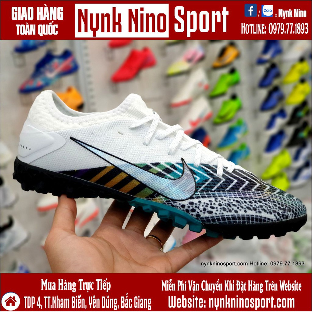 [Tặng Tất + Hộp] Giày Bóng Đá Mercurial Vapor 13 Pro MDS003 Trắng Mũi Đen Cổ Lửng TF