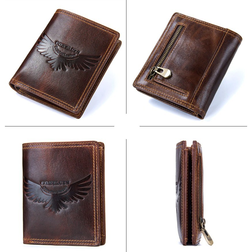 2022 Contact M1258 M1257 - Bảo Hành 2 Năm - Bóp Ví Đứng Ngang Bỏ Túi Da Ngựa Điên Men Wallet Genuine Bò - Nam N