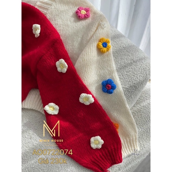 Áo khoác len nữ cadigan bông hoa nổi, hai màu đỏ trắng mới về