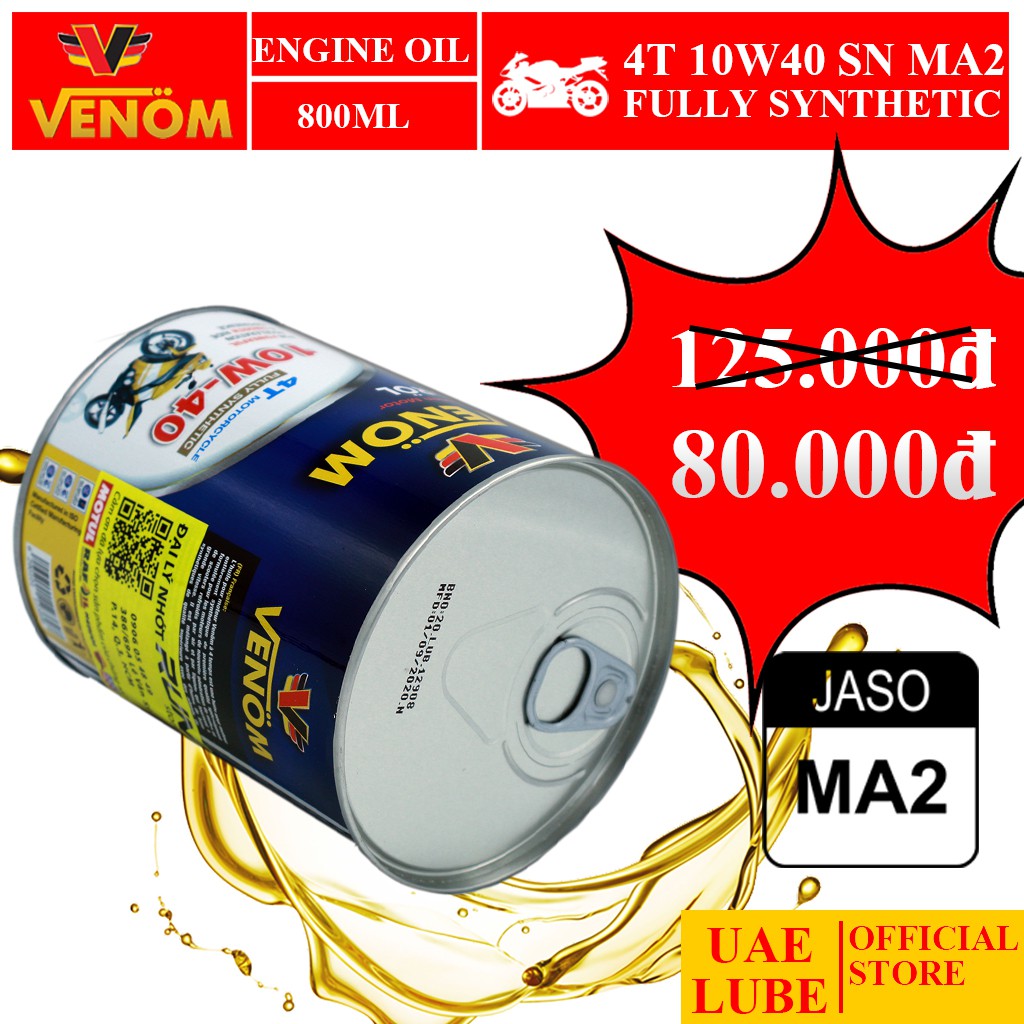 Nhớt Lon Tổng Hợp VENOM 10W40 800ml Nhập Khẩu - VENOM FULLY SYNTHETIC OIL SN MA2 - Made in UAE