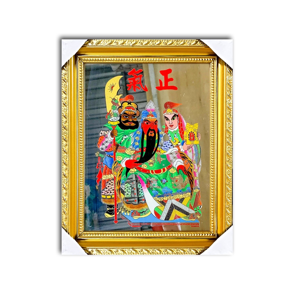 Tranh Kiếng Quan Công - Tam Thánh Đế Quân_ Nền Gương - Khung gỗ - size S cao từ 29cm tới 40cm