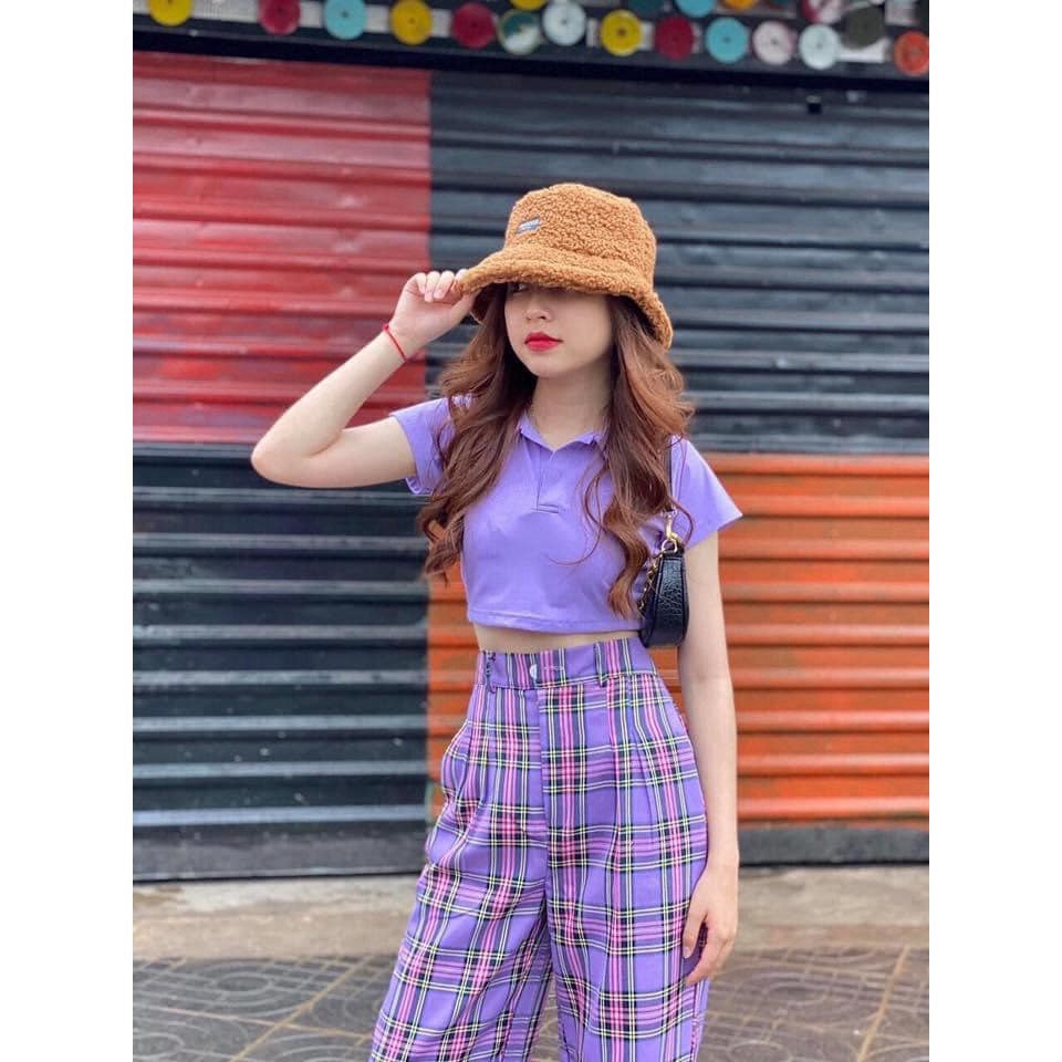 [Mã FAXANH245 giảm 10K đơn 50K] Set áo croptop polo cổ bẻ và quần suông caro tím ống rộng cạp cao quần cá tính | BigBuy360 - bigbuy360.vn