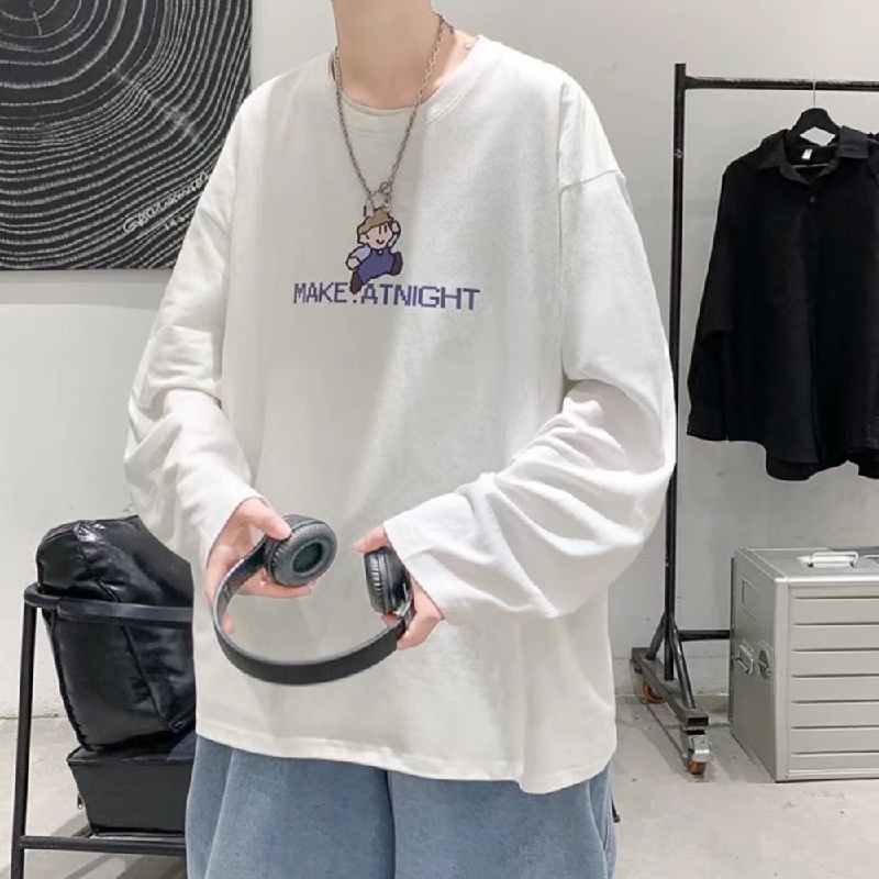 Áo thun tay dài cổ tròn dáng rộng in chữ thời trang thu đông phong cách Nhật Bản cho nam size M-5XL