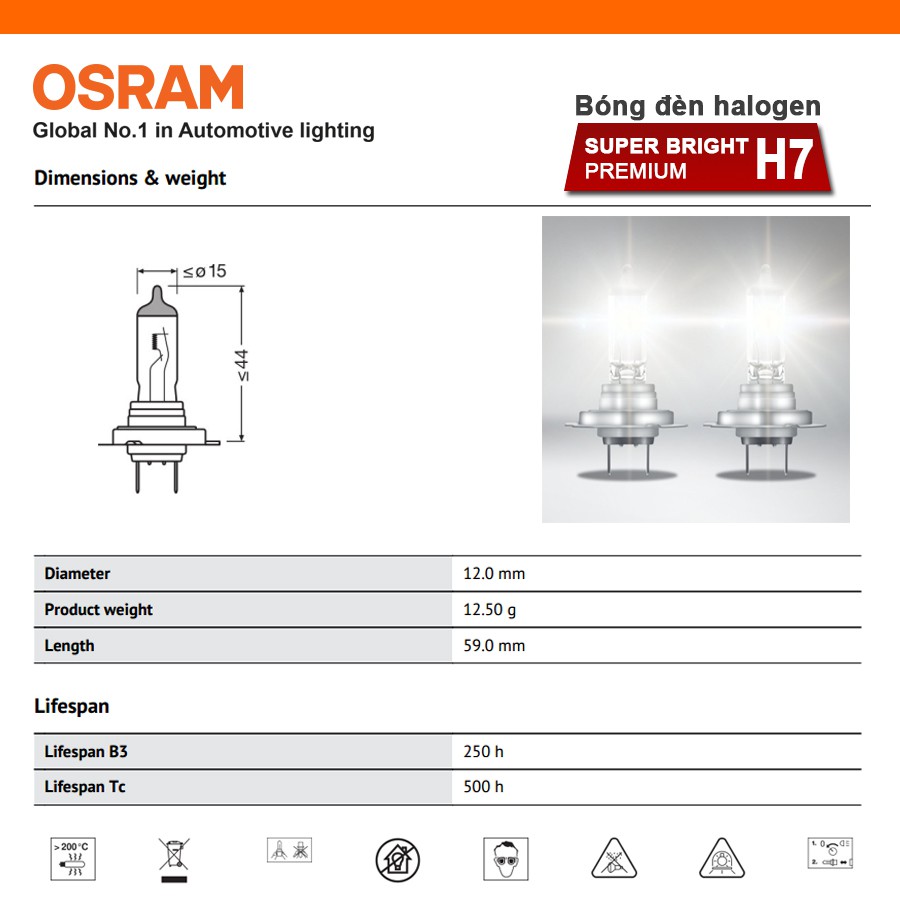 [Mã BMBAU50 giảm 10% đơn 99k] Bóng Đèn Halogen OSRAM Super Bright Premium H7 12V 80W Nhập Khẩu Chính Hãng