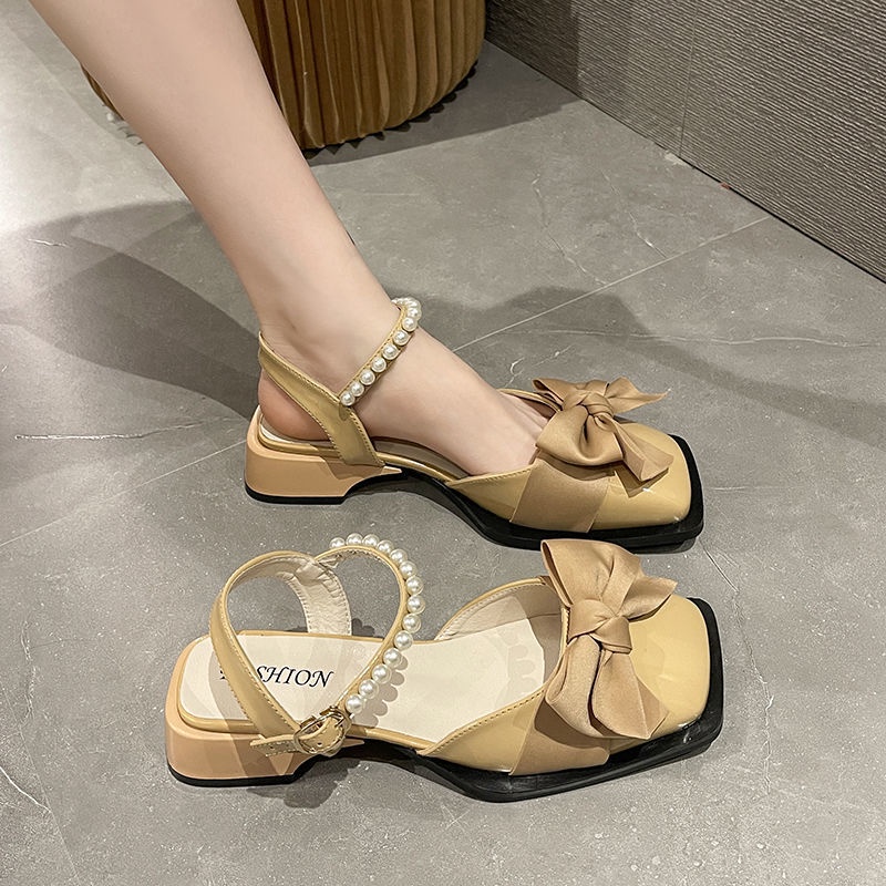 Giày Sandal Mũi Vuông Đính Nơ Và Ngọc Trai Nhân Tạo Phong Cách Mùa Hè Hàng Mới Dành Cho Bạn Nữ