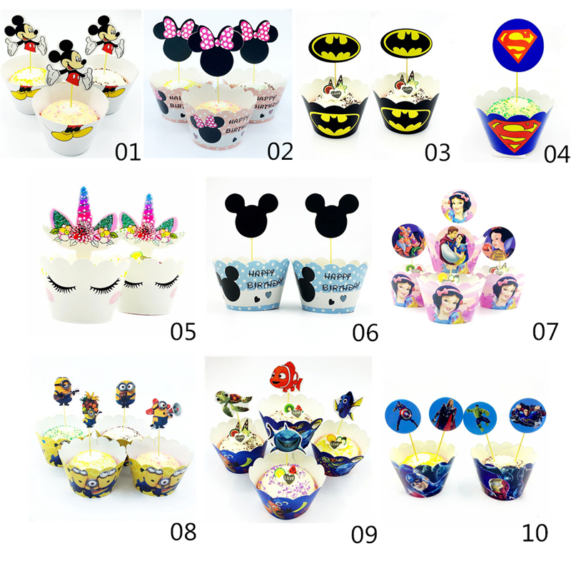 Bộ Giấy Gói Bánh Cupcake + Que Cắm Trang Trí Tiệc Sinh Nhật Hình Siêu Anh Hùng Dễ Thương