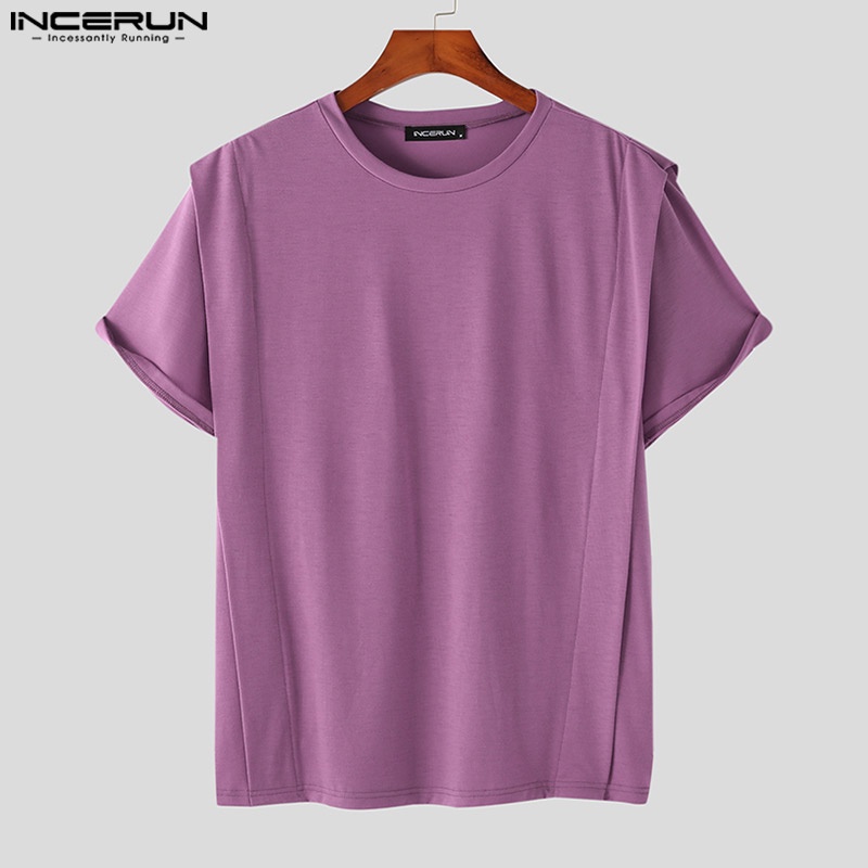 Áo thun INCERUN tay ngắn cổ tròn giả hai lớp màu sắc đơn giản thời trang cho nam giới