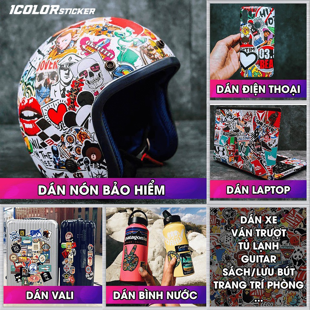 [Set 50 Cái] Sticker ngầu, dễ thương mẫu HOT nhất dán trang trí laptop, mũ nón bảo hiểm, vali, xe tay ga, ván trượt