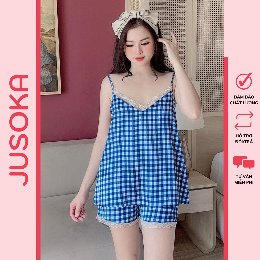 Đồ ngủ sexy nữ pijama mặc nhà bigsize 2 dây lụa cổ V phối ren cute cao cấp JUSOKA