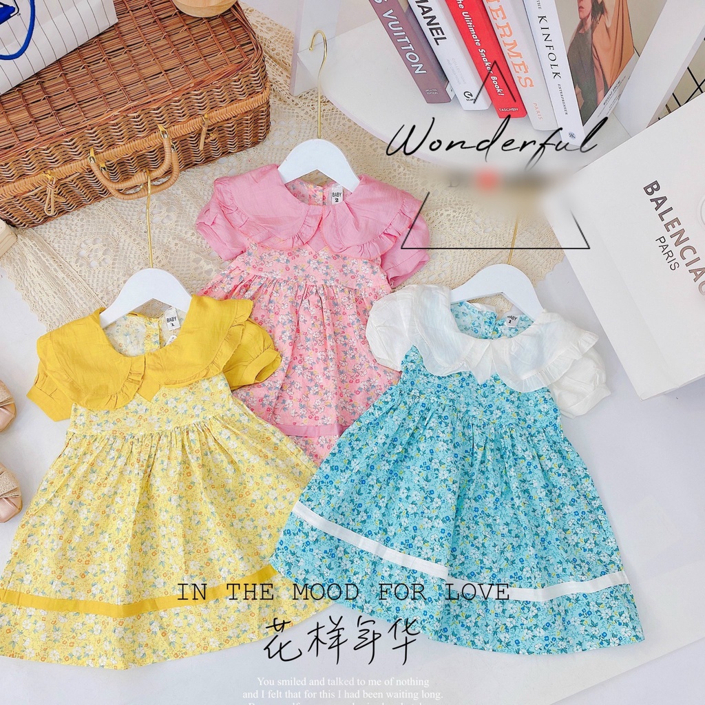 [V24] Váy Xòe Tay Bông Phối Ren Họa Tiết Hoa Cho Bé Gái Chất Vải Đũi Mịn Đủ Size Từ 8-18Kg VNXK Nhật-Hàn
