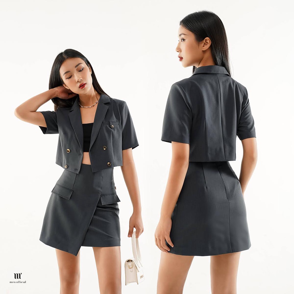 Set blazer nữ Méo shop dáng croptop ngắn tay áo vest phong cách công sở | BigBuy360 - bigbuy360.vn