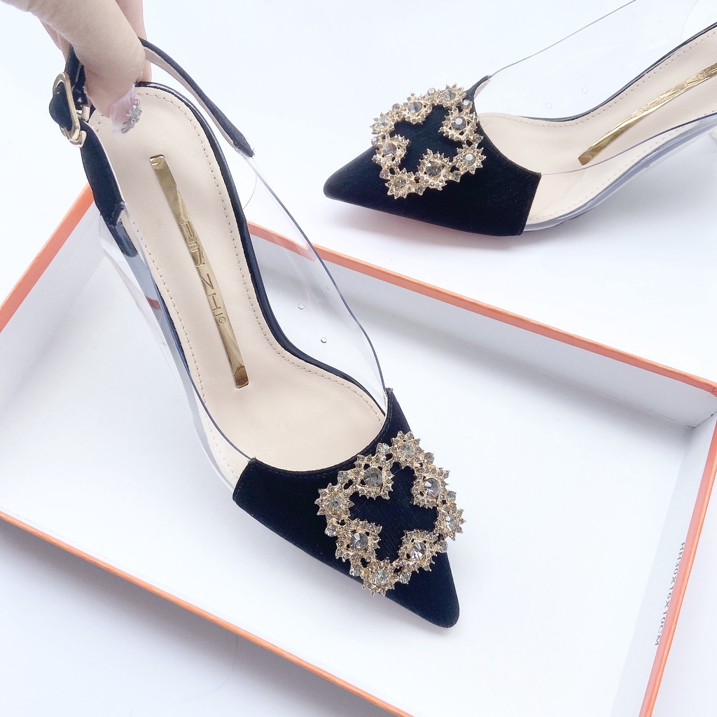 Giày hở gót nữ 5p mũi nhọn da vân mềm charm đá bít mũi thời trang công sở đẹp -Dazzling Shoes DA755