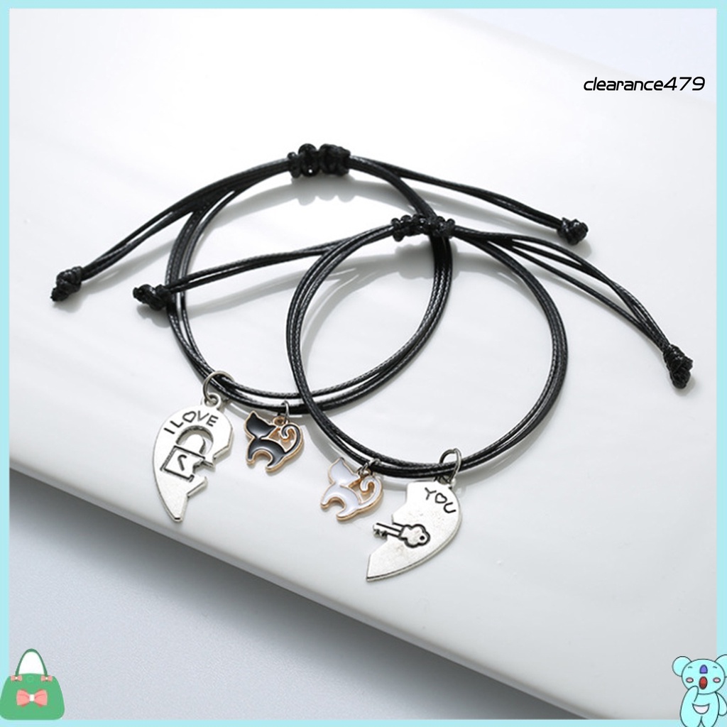 Set 2 Vòng Tay Bện Dây Mặt Hình Mèo / Trái Tim Dễ Thương Có Thể 