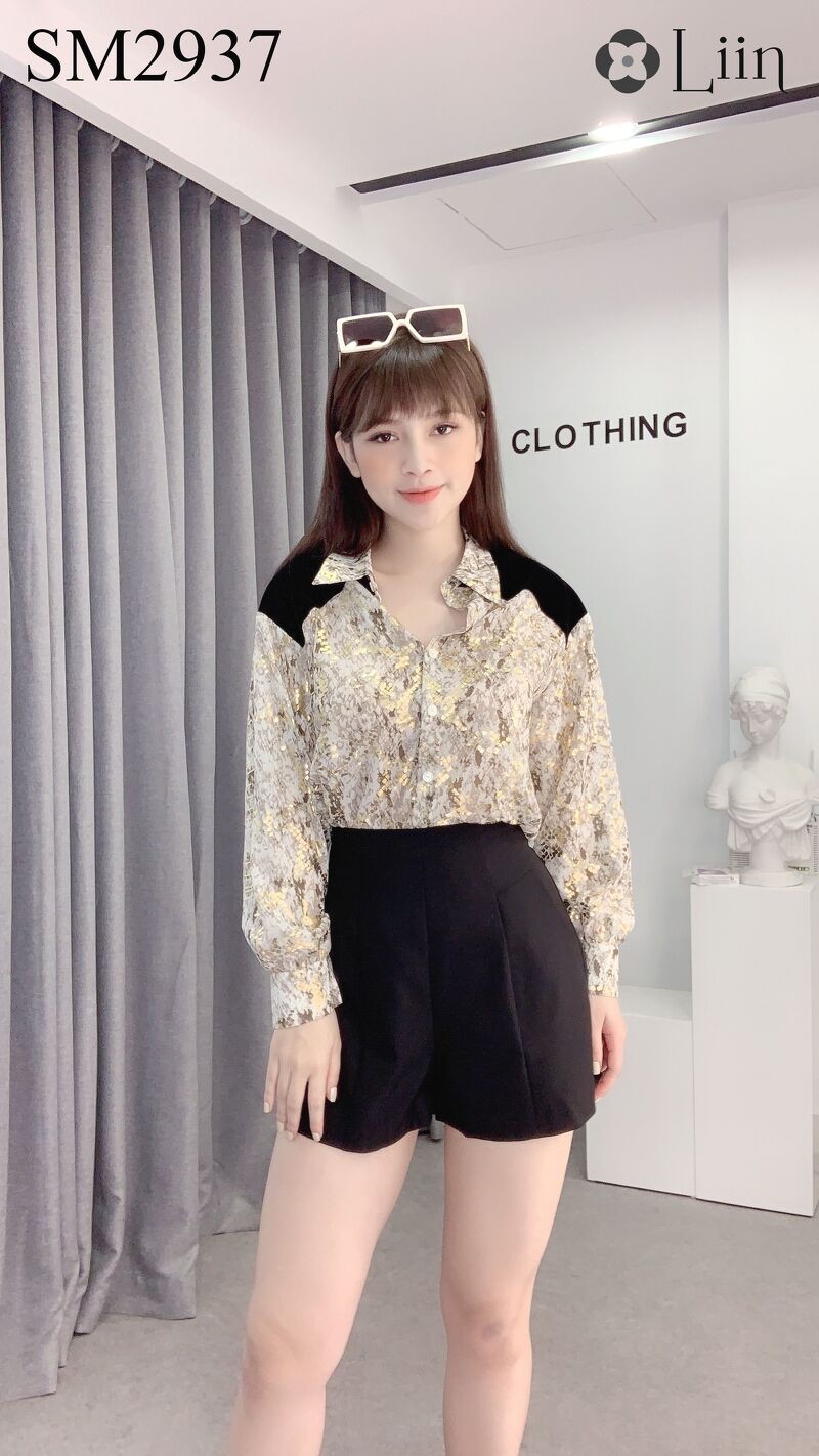 Áo sơ mi Tơ Vàng Phối Nhungkết hợp vai viền đen cá tính Liin Clothing SM2937