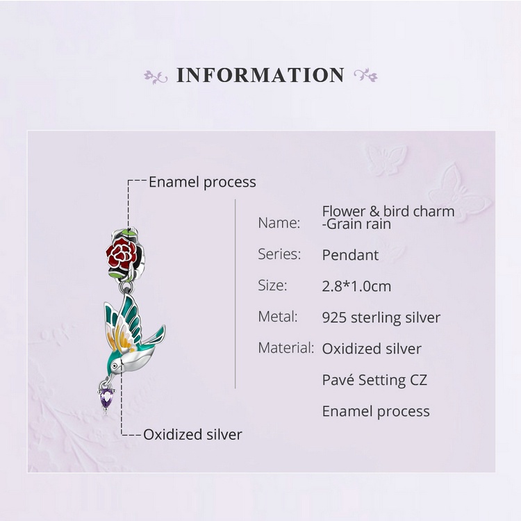 Hạt xỏ trang sức BAMOER SCC21915 bạc 925 thiết kế hoa và chim thời trang DIY