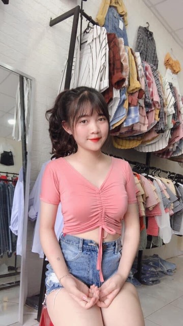 Áo Tay Ngắn Croptop Cô Tim Rút Dâyl.