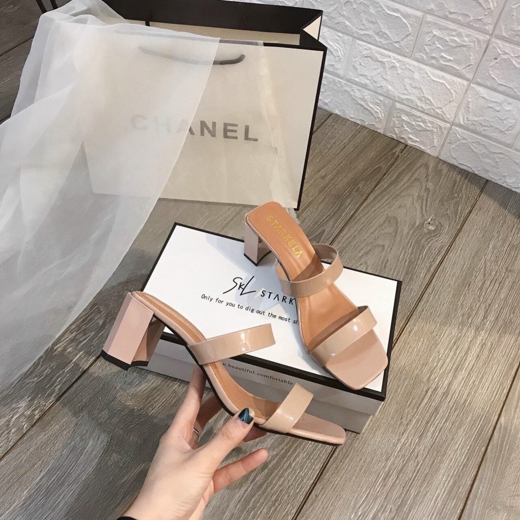 Guốc nữ gót trụ mảnh 5cm da bóng quai mảnh dáng đẹp chất ngất