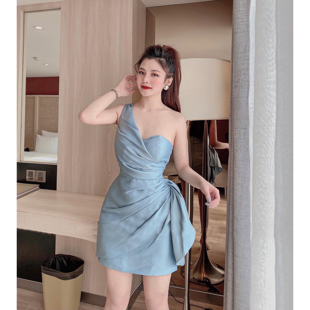 Đầm Body Dự Tiệc Lệch Vai Tà Đuổi Có Mút Ngực, Vải Tafta - 4 Màu Trắng, Xanh Dương, Hồng Nude, Nâu Đồng