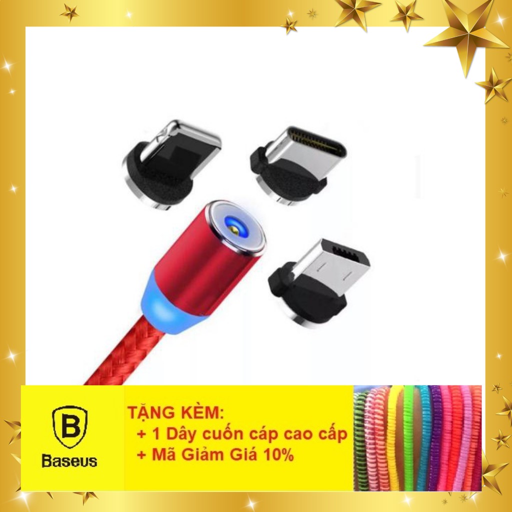 Sạc Nam Châm 3 Đầu 💎Xoay 360 Độ💎 Sạc Cao Cấp iPhone/ Android/ Type C Có Đèn LED, Sạc Nhanh 2.4A